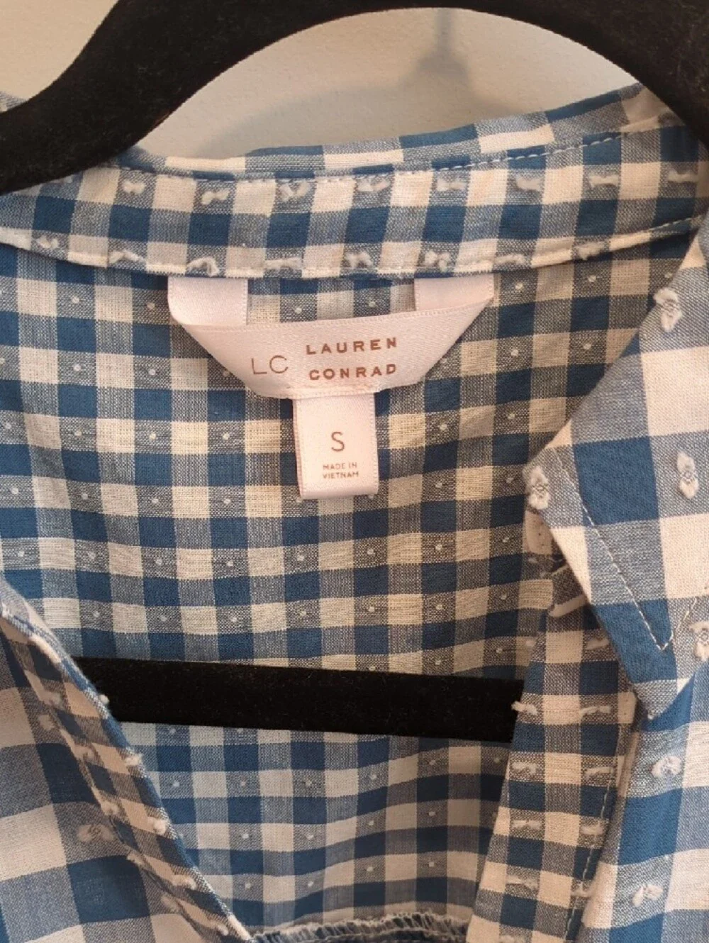 Cottage Coastal Western Lauren Conrad Blue White Gingham Ruffle Sleeve Top (S) - Picture 2 of 7